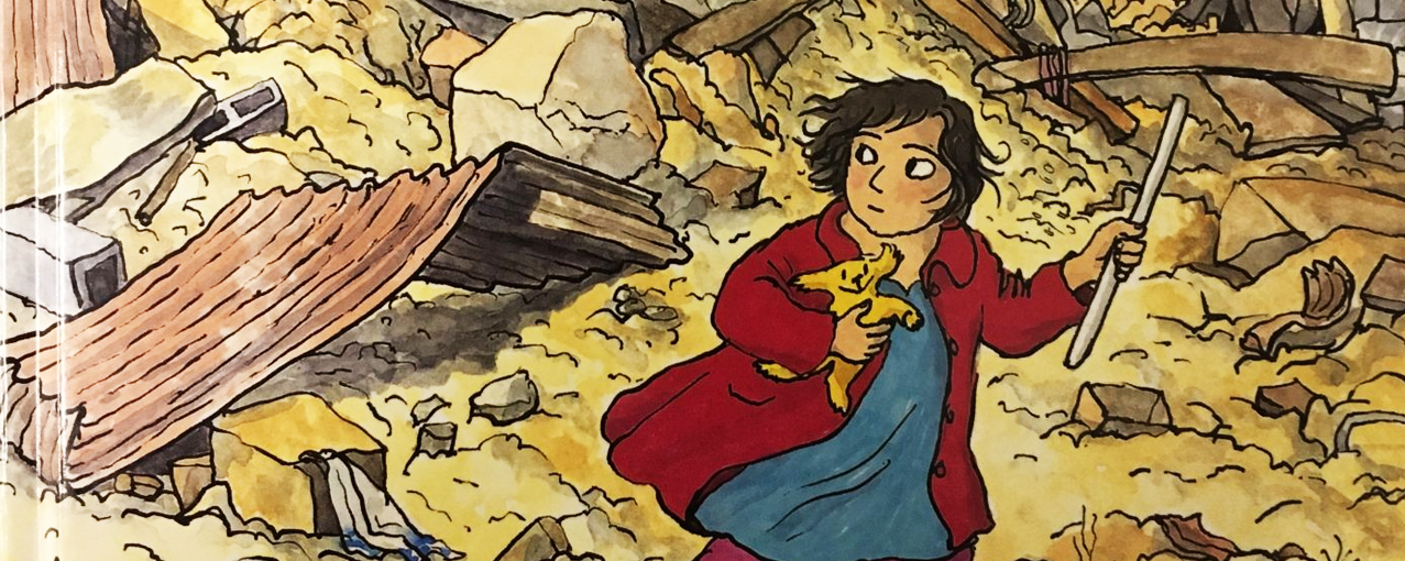 Ilustração mostra uma criança andando em meio a escombros com um cachorro no colo