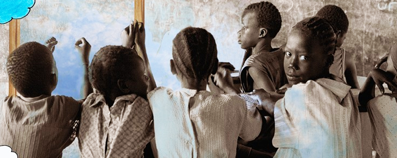 Crianças negras estão de costas escrevendo em uma lousa. Um menino e uma menina estão de lado.