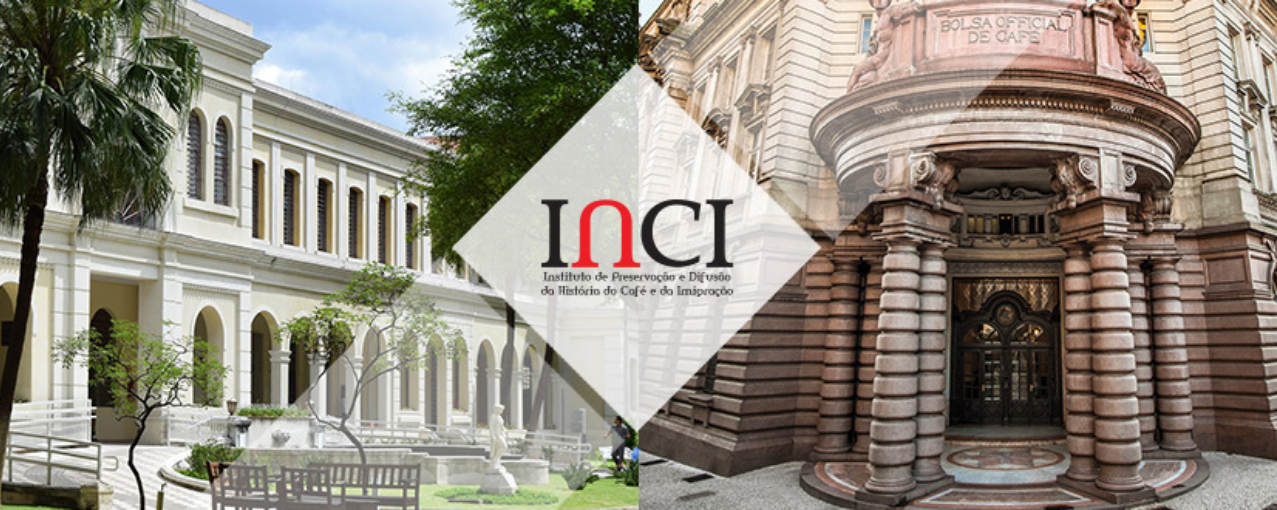 Montagem com fotos do MI e do Museu do café, no centro logomarca do INCI