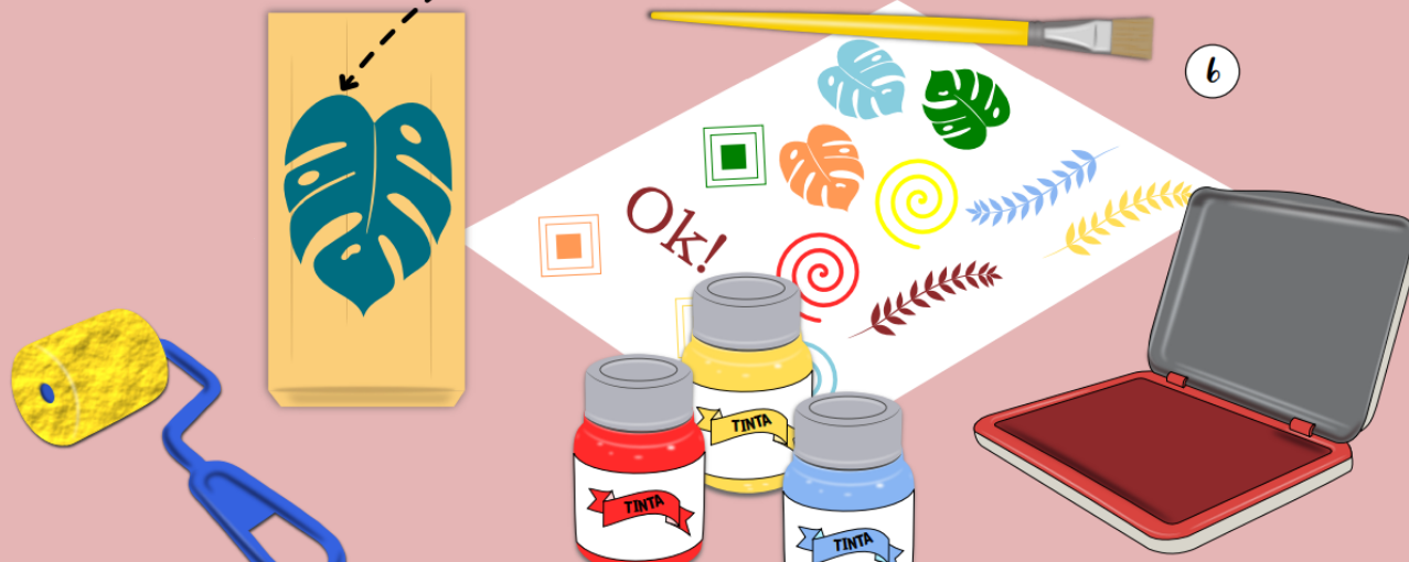 Ilustração com materiais de pintura da oficina estamparia